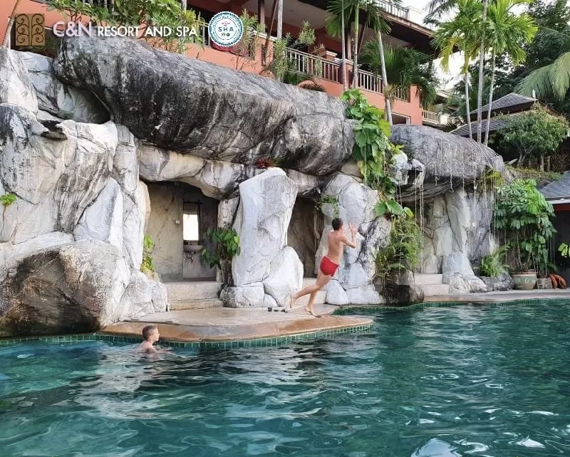 Resort pool and rock waterfall